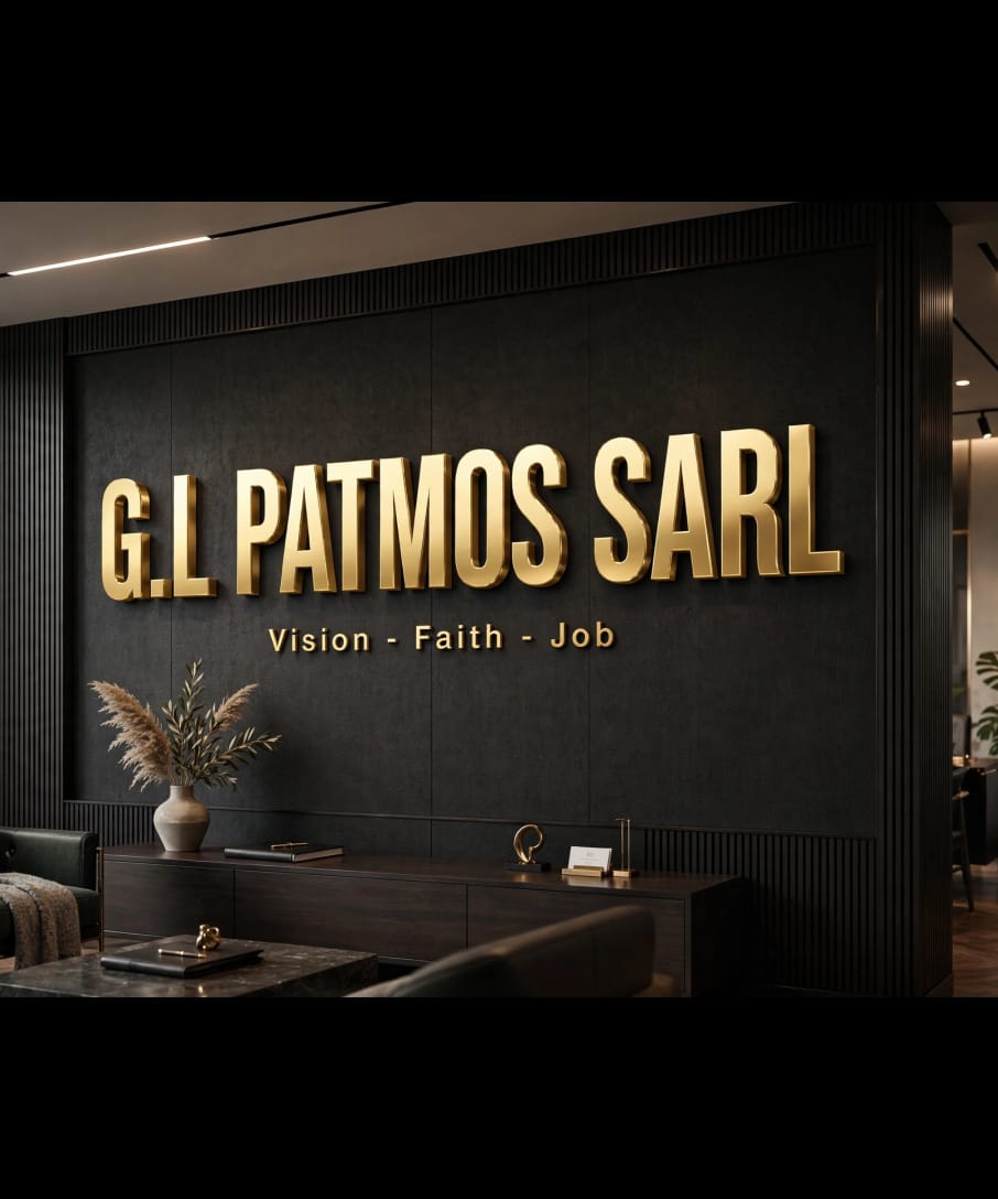 Enseigne dorée G.L PATMOS SARL avec la devise Vision - Faith - Job